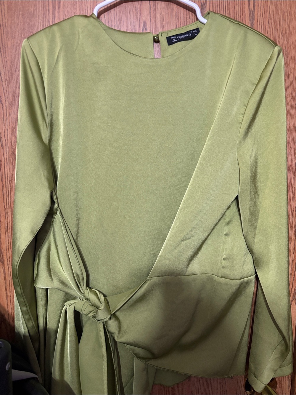 Solemio Olive Green Tie-Front Long Sleeve Women's Top